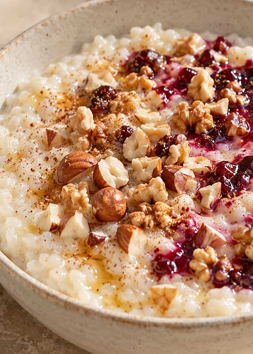 Porridge di riso con frutta secca e marmellata