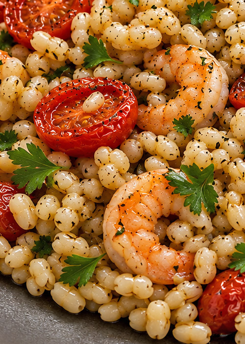 Insalata d'orzo, gamberetti e pomodorini