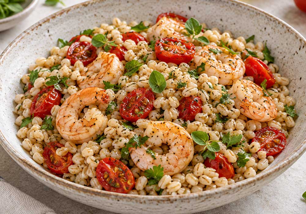 Insalata di orzo, gamberetti e pomodorini