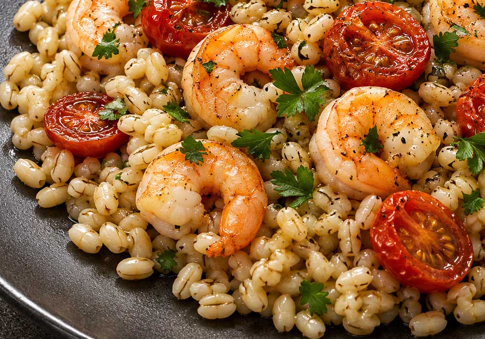 Insalata di orzo, gamberetti e pomodorini